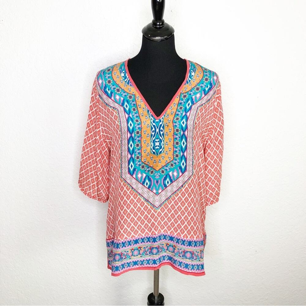 Tolani pink orange blue silk graphic top size Medium